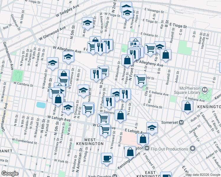 map of restaurants, bars, coffee shops, grocery stores, and more near 3000 North Mascher Street in Philadelphia
