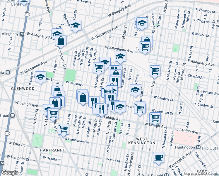 map of restaurants, bars, coffee shops, grocery stores, and more near 521 West Cambria Street in Philadelphia