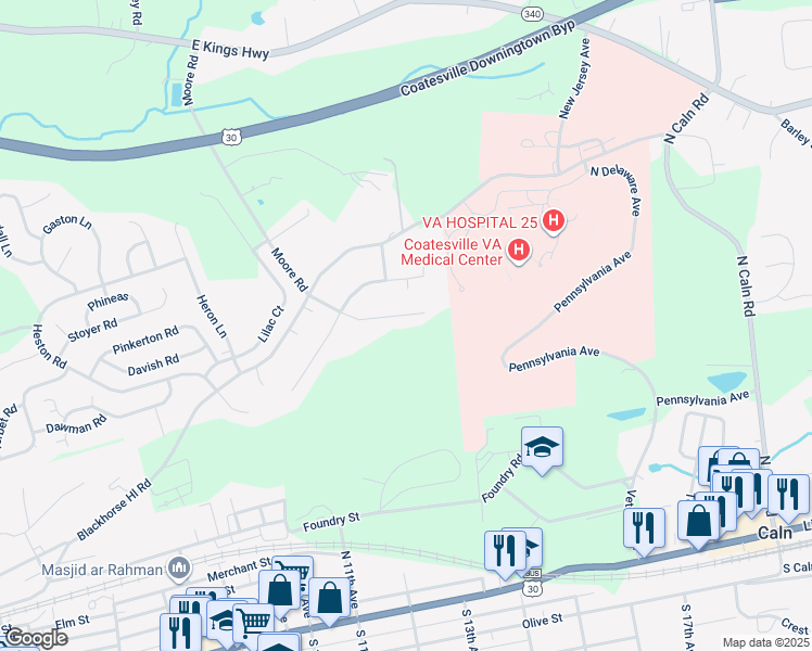 map of restaurants, bars, coffee shops, grocery stores, and more near 1300 Scott Drive in Coatesville