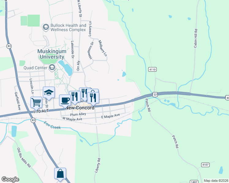 map of restaurants, bars, coffee shops, grocery stores, and more near 110 Cherry Lane in New Concord