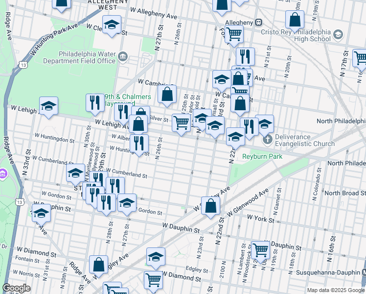 map of restaurants, bars, coffee shops, grocery stores, and more near 2440 West Oakdale Street in Philadelphia