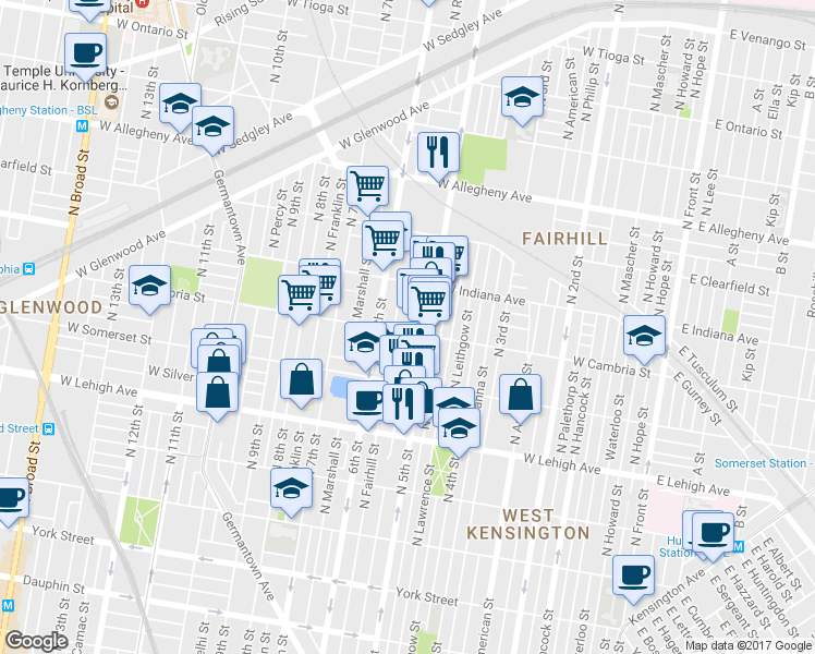 map of restaurants, bars, coffee shops, grocery stores, and more near 521 West Cambria Street in Philadelphia