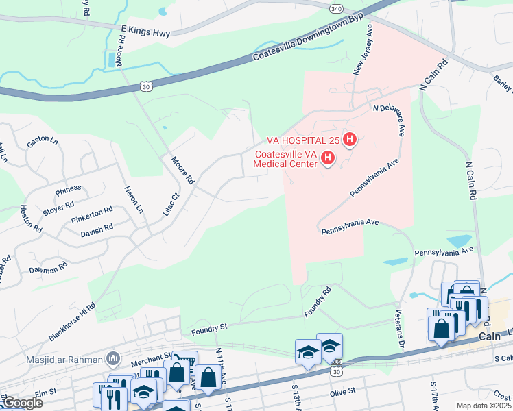 map of restaurants, bars, coffee shops, grocery stores, and more near 1300 Scott Drive in Coatesville