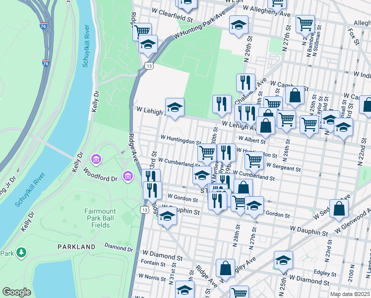 map of restaurants, bars, coffee shops, grocery stores, and more near 2546 North Napa Street in Philadelphia