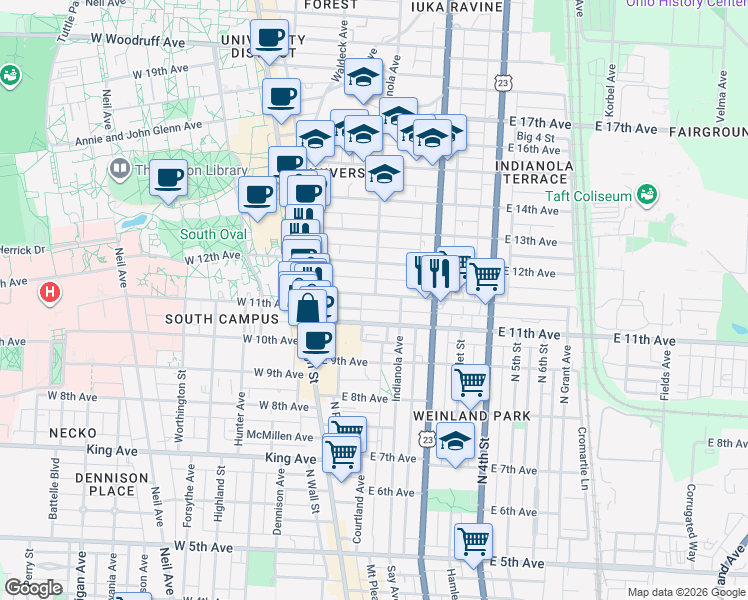 map of restaurants, bars, coffee shops, grocery stores, and more near in Columbus
