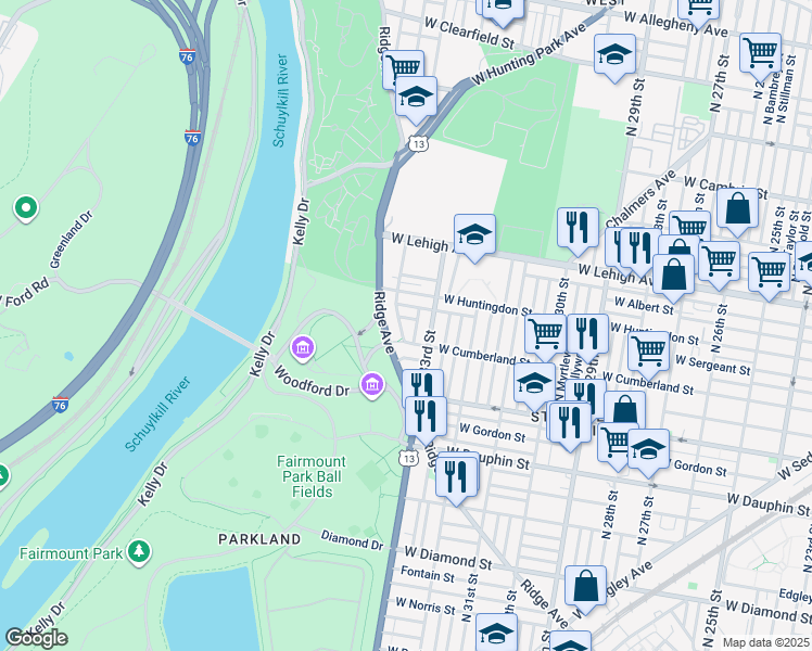 map of restaurants, bars, coffee shops, grocery stores, and more near 2521 North 34th Street in Philadelphia