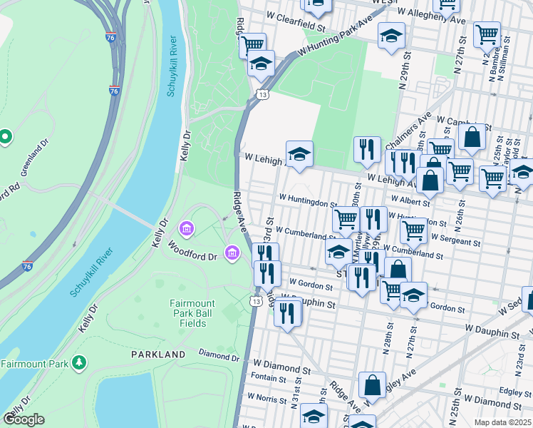 map of restaurants, bars, coffee shops, grocery stores, and more near 2524 North 33rd Street in Philadelphia