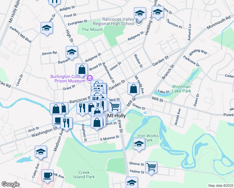 map of restaurants, bars, coffee shops, grocery stores, and more near 48 Buttonwood Street in Mount Holly