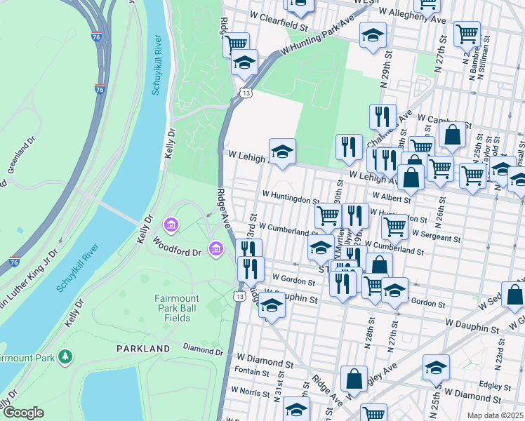 map of restaurants, bars, coffee shops, grocery stores, and more near 2532 North Douglas Street in Philadelphia