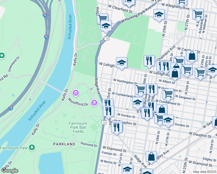 map of restaurants, bars, coffee shops, grocery stores, and more near 2524 North 33rd Street in Philadelphia
