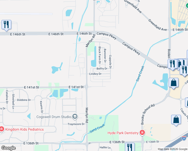 map of restaurants, bars, coffee shops, grocery stores, and more near 12159 Belfry Drive in Noblesville