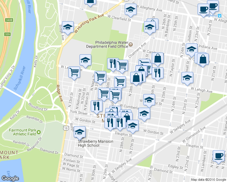 map of restaurants, bars, coffee shops, grocery stores, and more near 2566 North Hollywood Street in Philadelphia