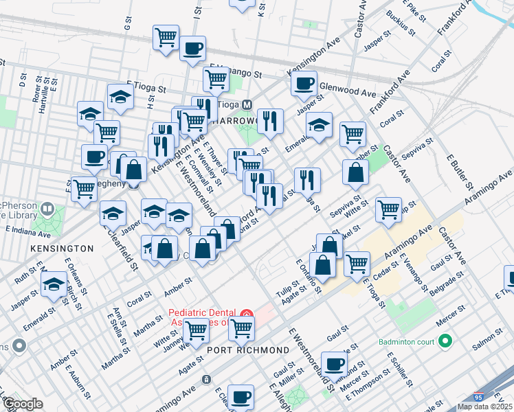 map of restaurants, bars, coffee shops, grocery stores, and more near 3380 Frankford Avenue in Philadelphia