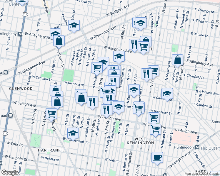 map of restaurants, bars, coffee shops, grocery stores, and more near 2907 North Reese Street in Philadelphia