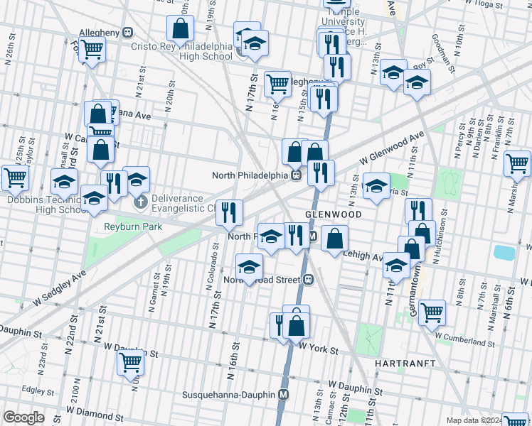 map of restaurants, bars, coffee shops, grocery stores, and more near 1530 West Glenwood Avenue in Philadelphia