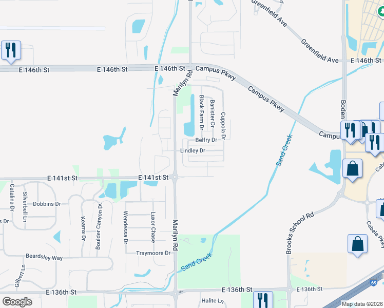 map of restaurants, bars, coffee shops, grocery stores, and more near 12131 Lindley Drive in Noblesville