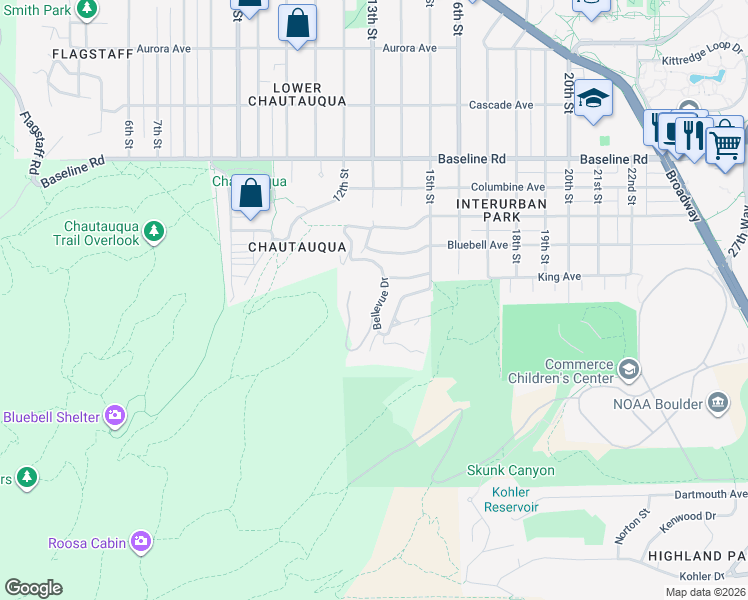 map of restaurants, bars, coffee shops, grocery stores, and more near 295 Bellevue Drive in Boulder