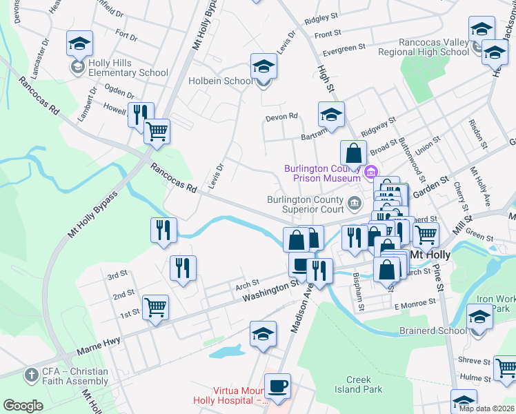 map of restaurants, bars, coffee shops, grocery stores, and more near 183 Rancocas Road in Mount Holly