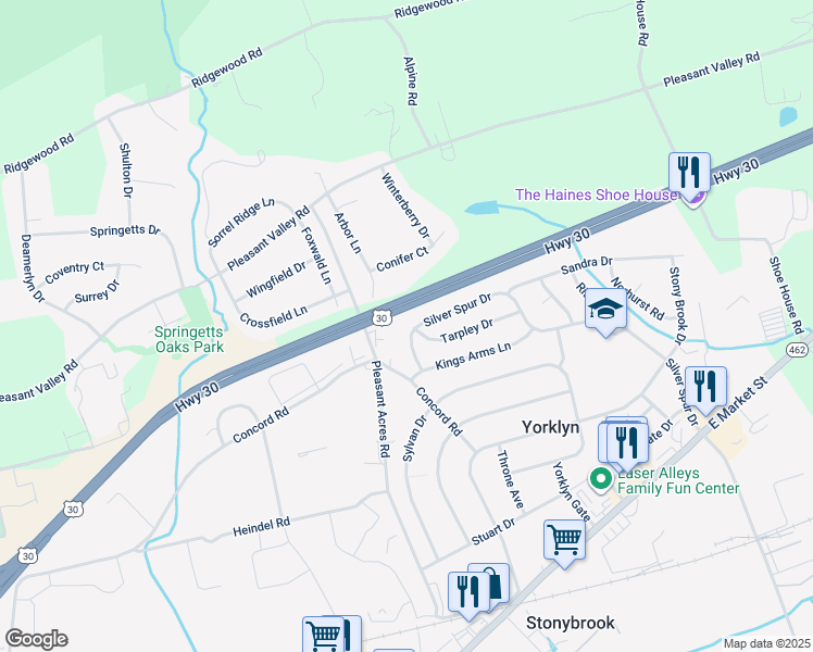 map of restaurants, bars, coffee shops, grocery stores, and more near 3813 Silver Spur Drive in York