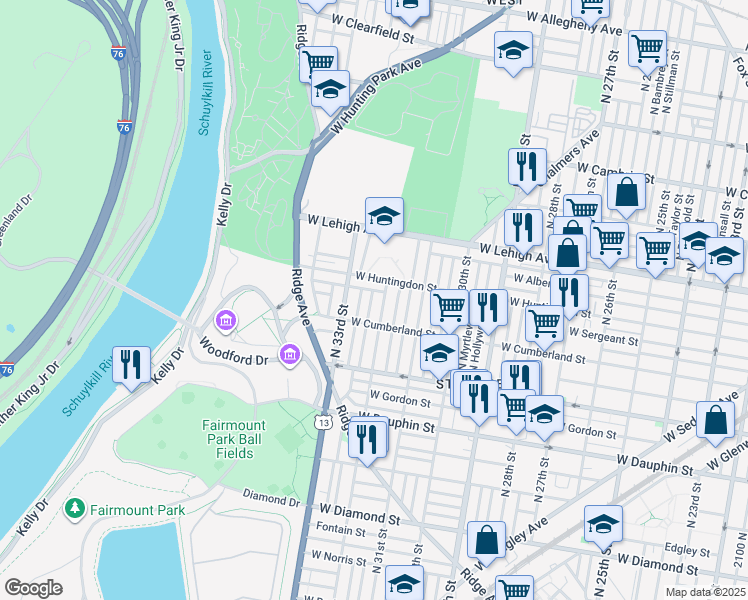 map of restaurants, bars, coffee shops, grocery stores, and more near 3234 West Huntingdon Street in Philadelphia