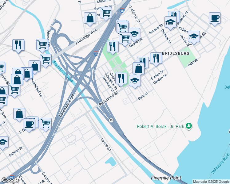 map of restaurants, bars, coffee shops, grocery stores, and more near 4222 Richmond Street in Philadelphia