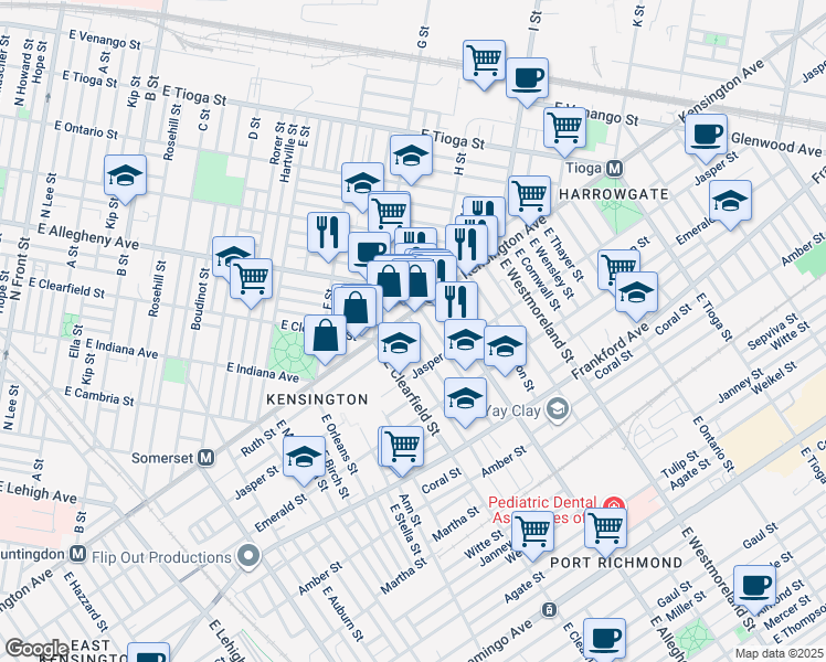 map of restaurants, bars, coffee shops, grocery stores, and more near 1818 East Lippincott Street in Philadelphia