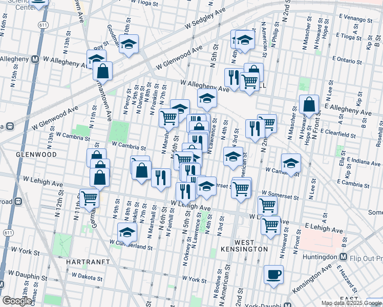 map of restaurants, bars, coffee shops, grocery stores, and more near 2907 North Reese Street in Philadelphia