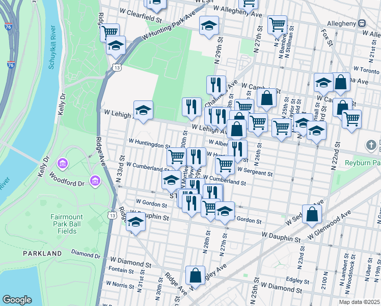 map of restaurants, bars, coffee shops, grocery stores, and more near 2563 North Myrtlewood Street in Philadelphia