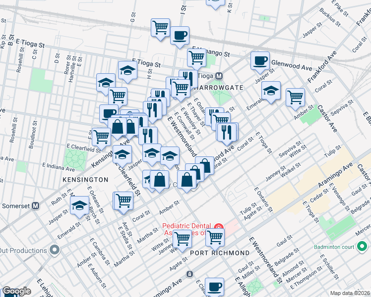 map of restaurants, bars, coffee shops, grocery stores, and more near 1916 East Westmoreland Street in Philadelphia