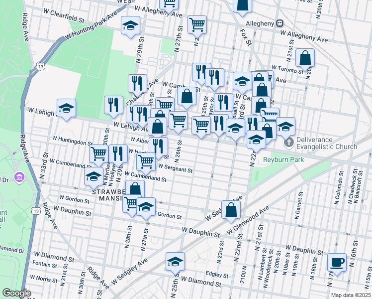map of restaurants, bars, coffee shops, grocery stores, and more near in Philadelphia