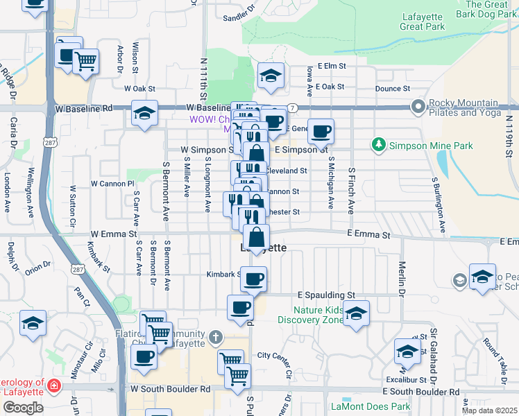 map of restaurants, bars, coffee shops, grocery stores, and more near 105 East Chester Street in Lafayette