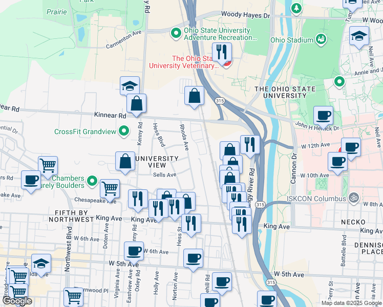 map of restaurants, bars, coffee shops, grocery stores, and more near 1772 Rhoda Avenue in Columbus