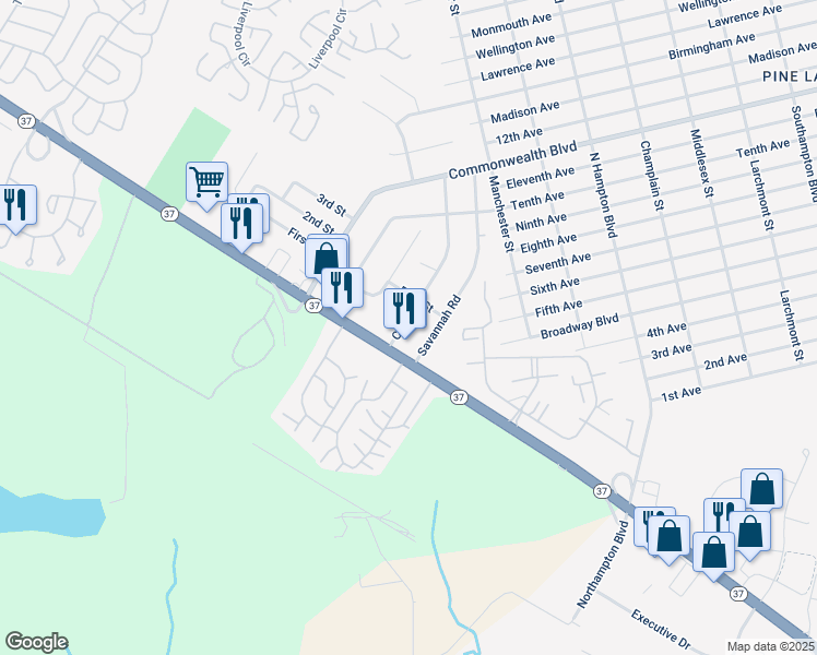 map of restaurants, bars, coffee shops, grocery stores, and more near 64 Colt Place in Manchester Township