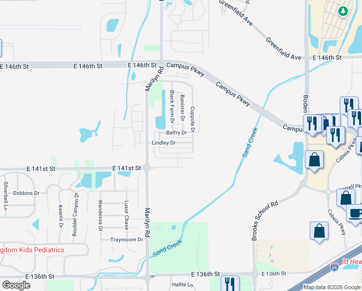 map of restaurants, bars, coffee shops, grocery stores, and more near 12211 Lindley Drive in Noblesville