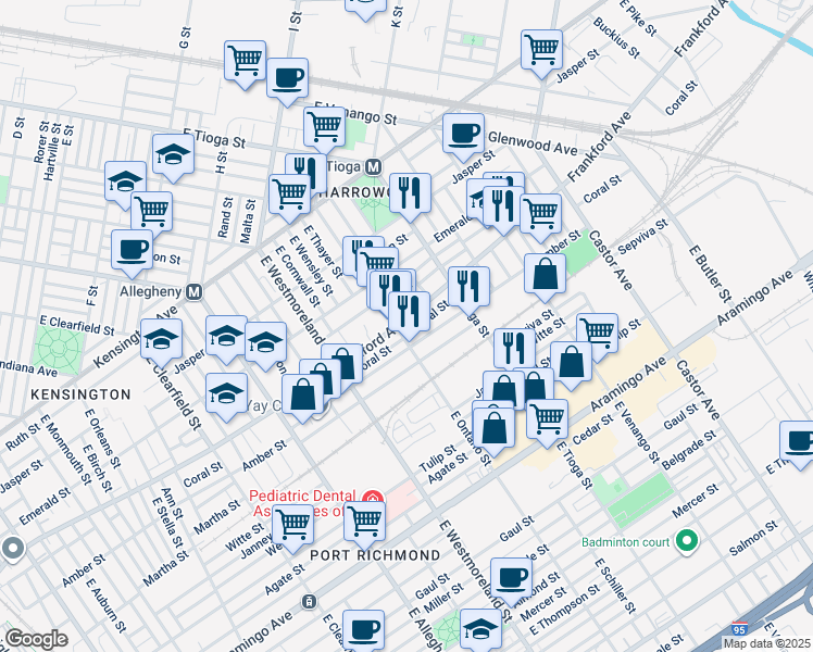 map of restaurants, bars, coffee shops, grocery stores, and more near 3409 Frankford Avenue in Philadelphia