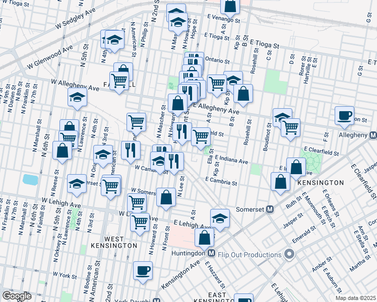 map of restaurants, bars, coffee shops, grocery stores, and more near 3001 North Lee Street in Philadelphia