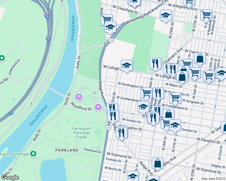 map of restaurants, bars, coffee shops, grocery stores, and more near 2526 North 33rd Street in Philadelphia