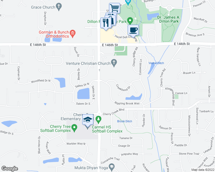 map of restaurants, bars, coffee shops, grocery stores, and more near 5315 Rippling Brook Way in Carmel