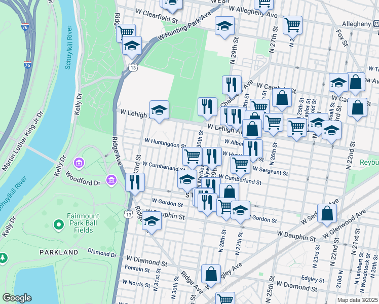 map of restaurants, bars, coffee shops, grocery stores, and more near 2609 North Stanley Street in Philadelphia