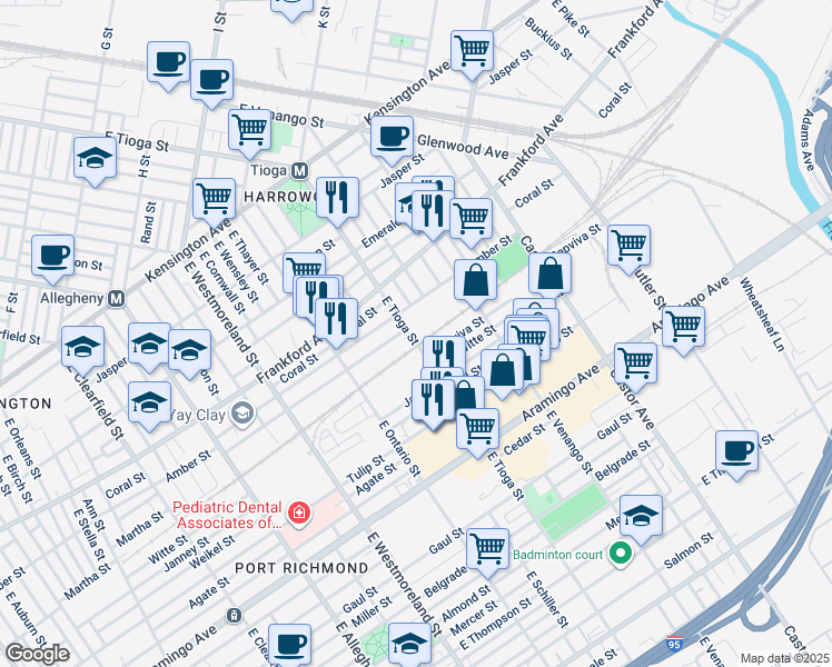 map of restaurants, bars, coffee shops, grocery stores, and more near 2129 East Tioga Street in Philadelphia