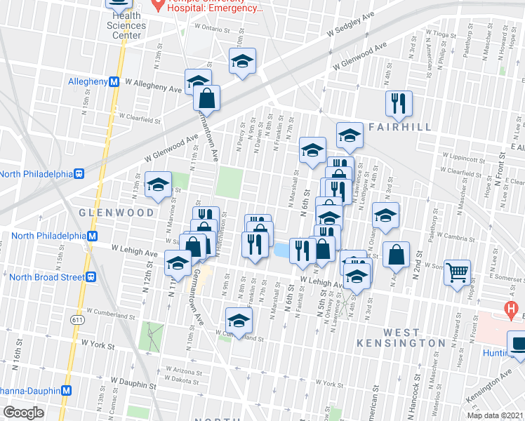 map of restaurants, bars, coffee shops, grocery stores, and more near 2858 N Franklin St in Philadelphia