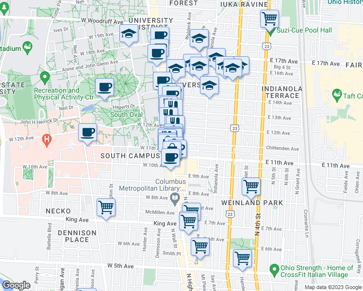 map of restaurants, bars, coffee shops, grocery stores, and more near 35 Chittenden Avenue in Columbus