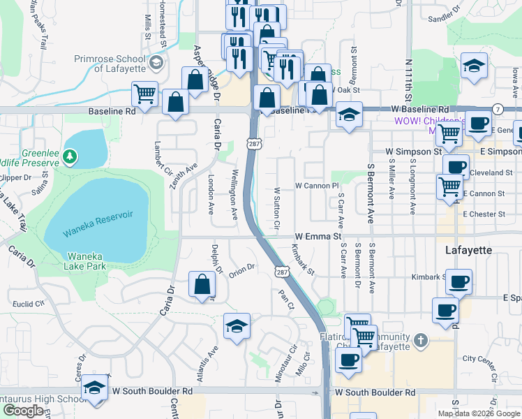 map of restaurants, bars, coffee shops, grocery stores, and more near 1003 Sunburst Court in Lafayette