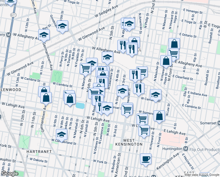 map of restaurants, bars, coffee shops, grocery stores, and more near 2919 North Lawrence Street in Philadelphia
