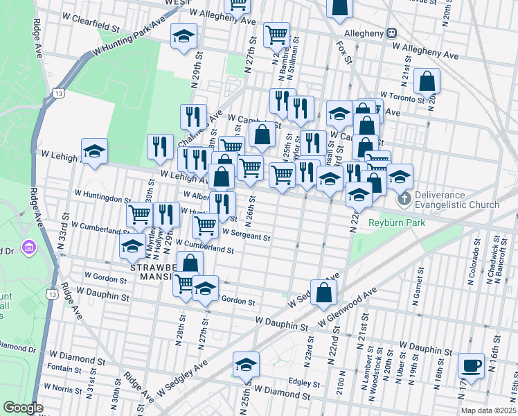 map of restaurants, bars, coffee shops, grocery stores, and more near 2539 West Harold Street in Philadelphia