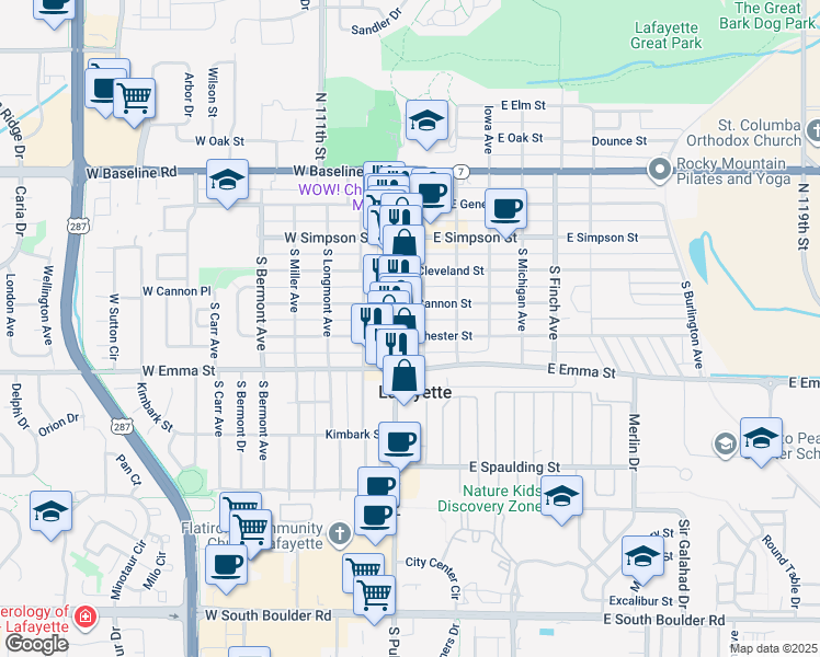 map of restaurants, bars, coffee shops, grocery stores, and more near 104 East Cannon Street in Lafayette