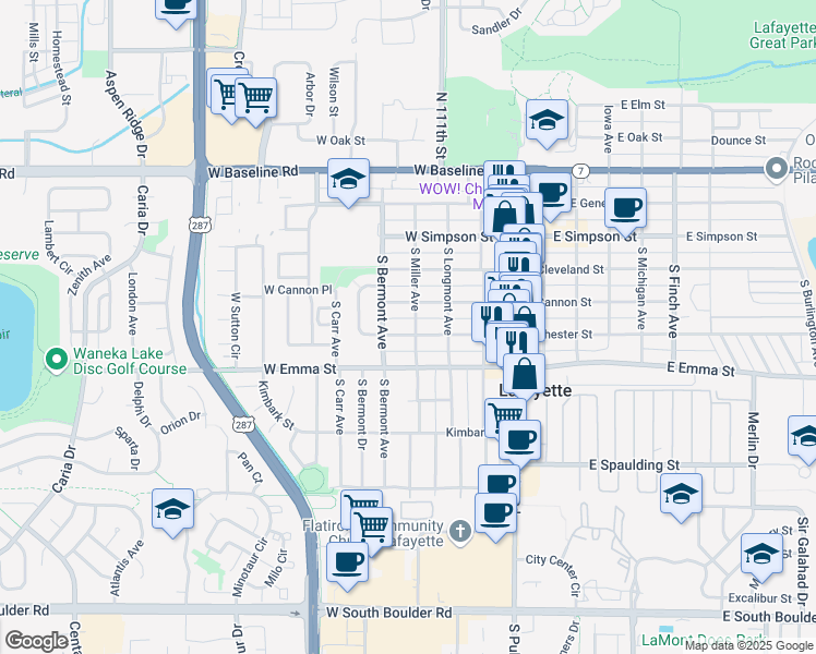 map of restaurants, bars, coffee shops, grocery stores, and more near 400 West Cannon Street in Lafayette