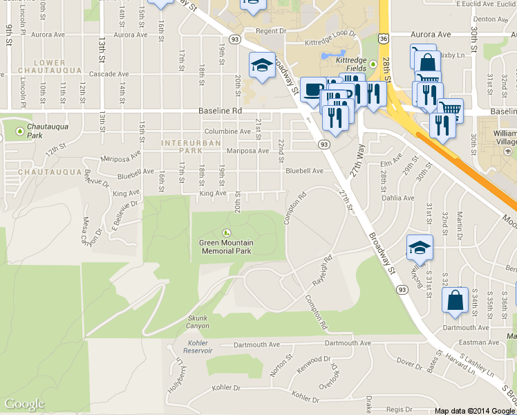 map of restaurants, bars, coffee shops, grocery stores, and more near 280 Devon Place in Boulder