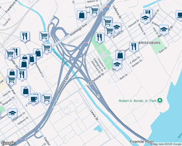 map of restaurants, bars, coffee shops, grocery stores, and more near 2702 East Juniata Street in Philadelphia