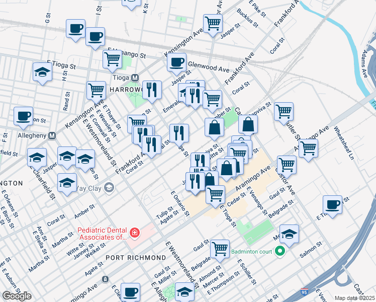 map of restaurants, bars, coffee shops, grocery stores, and more near 3515 Amber Street in Philadelphia